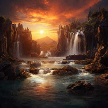Fantasy landscape with waterfalls, forest around, sunset. Generative AI