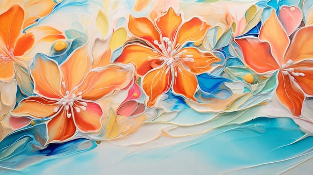An abstract marbled acrylic painted flower blooms, blending vibrant hues in a mesmerizing display. Generative AI.