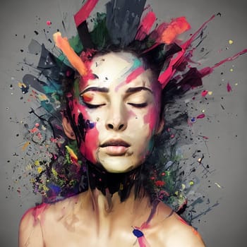 Woman portrait with closed eyes made of paint splashes. . AI Generative