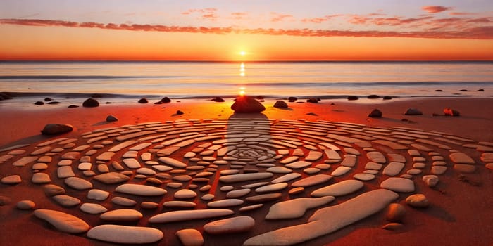 Pattern of stones on a sandy beach, illuminated by the warm colors of a sunset.