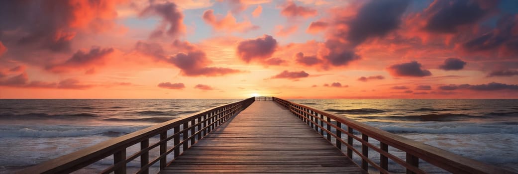 A tranquil scene of a wooden jetty stretching out into the golden sea, framed by a stunning sunset sky