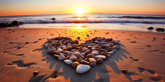 Heart-shaped stones on a sandy beach, illuminated by the warm colors of a sunset. A romantic scene perfect for expressing love