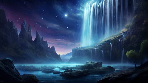 Fantasy landscape with waterfalls, night sky on the background.
