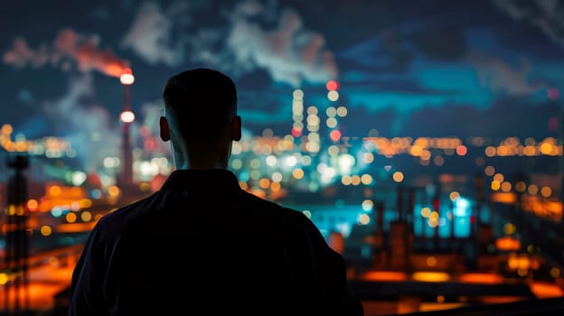 Back view of a man watching at night factory. AI generated