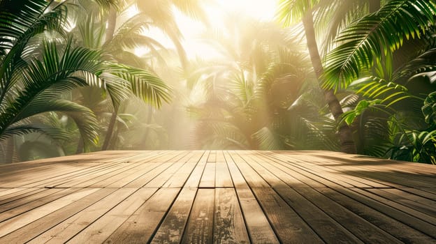 Empty wooden planks with blur palm trees on background, can be used for product placement. AI generated