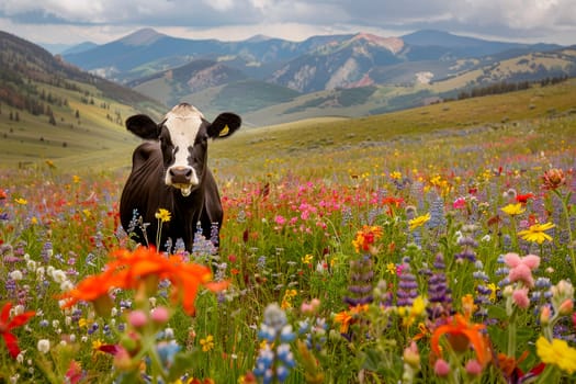 A black and white cow in a field of colorful wildflowers, mountain landscape in background. AI generated