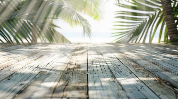 Empty wooden planks with blur beach on background.AI generated