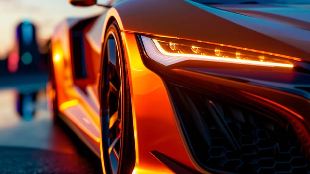 Close up of an orange futuristic sports car. Car headlights. Exterior detail. AI generated