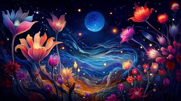 Fairy flowers on a fantasy planet, starry sky on background. Generative AI