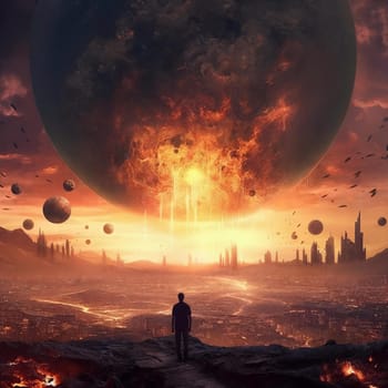 When the end of the world came to earth. Man watching destroied city . AI Generative