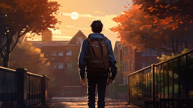 Back to school, rear view of the student with backpack AI Generative