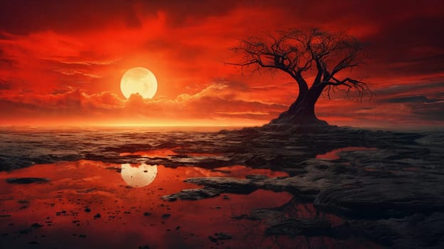 Fantasy landscape with moonrise over the river, night panorama. Generative AI