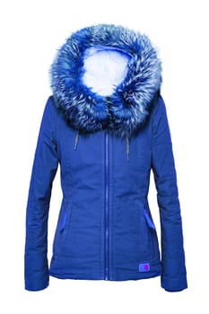 Woman clothes. Stylish blue female winter jacket with fur hood on mannequin isolated on a white background. Girls winter fashion.