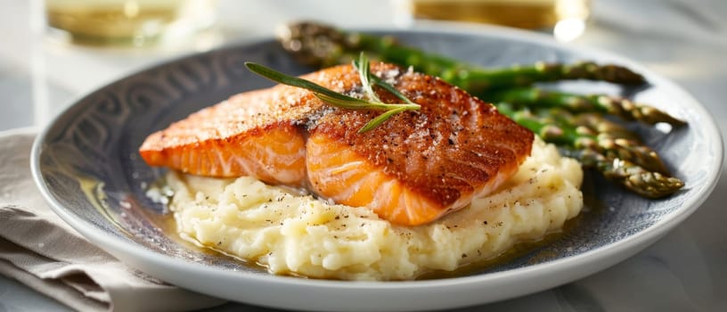 A succulent piece of grilled salmon rests atop a bed of creamy mashed potatoes, accompanied by seasoned asparagus. The dish is garnished with a sprig of rosemary, highlighting of the ingredients