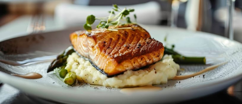This pan-seared salmon on a bed of mashed potatoes and asparagus speaks to a mastery of culinary skills, offering a balance of textures and flavors