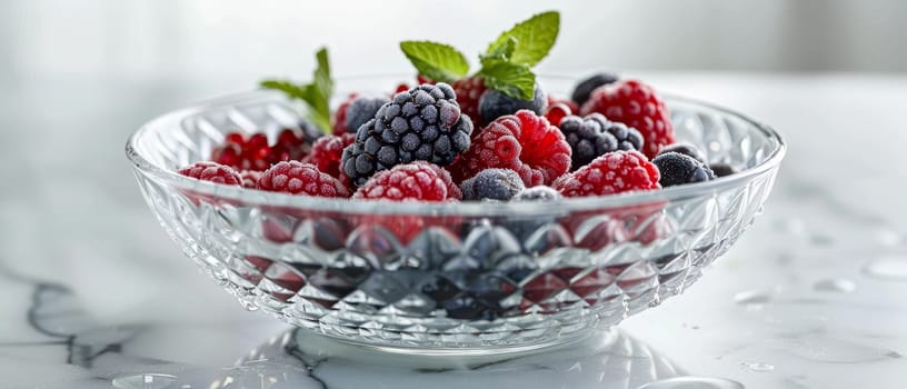 A selection of frost-kissed berries and fresh mint leaves presented in a classic crystal bowl, creating a refreshing visual feast