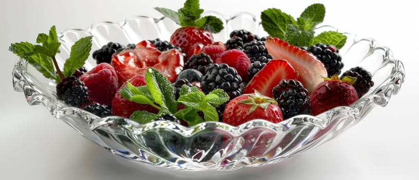 An elegant glassware holds a medley of berries, their rich colors set against a soft-focus background, symbolizing pure indulgence