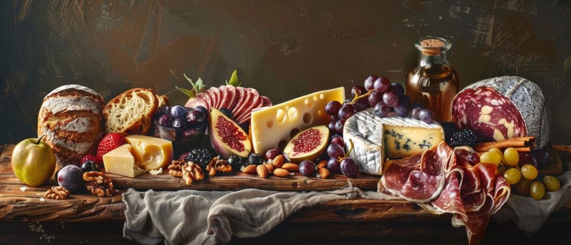 An opulent spread of various cheeses, cured meats, and fresh fruits is laid out on a rustic wooden board, embodying the essence of a traditional charcuterie