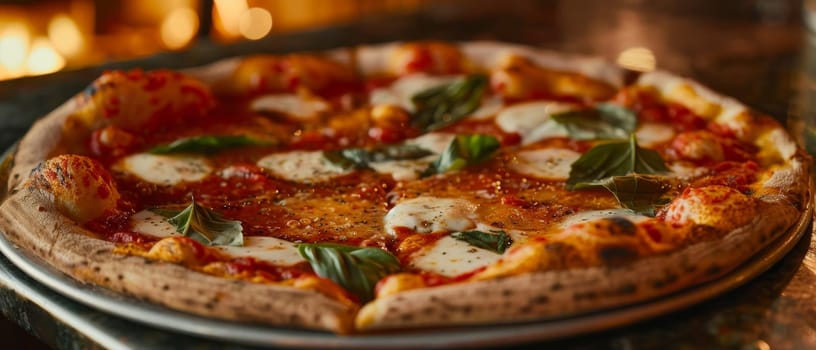 A traditional Margherita pizza with bubbling mozzarella, fresh basil, and rich tomato sauce captures the simplicity of Italian cuisine. The wood-fired crust adds a smoky essence