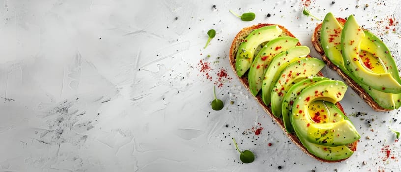 Slices of ripe avocado on toasted bread are sprinkled with chili flakes and black sesame seeds, offering a healthy yet flavorful meal option