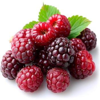 Ripe and tasty black mulberries on a white isolated background AI generated image