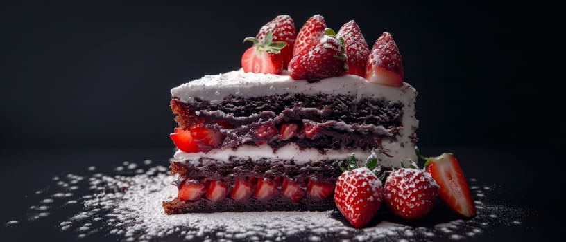 A decadent chocolate layer cake is beautifully adorned with succulent strawberries, the powdered sugar dusting adding a delicate touch to the rich dessert