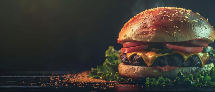 A classic cheeseburger with melting cheese and fresh toppings sits majestically against a dark backdrop, highlighting its mouth-watering appeal