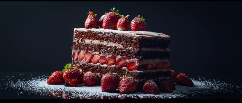 A sophisticated strawberry chocolate cake with layers of creamy frosting and fresh strawberries. The powdered sugar sprinkling adds a touch of finesse to this delicious dessert
