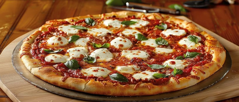 A delectable wood-fired Margherita pizza garnished with basil on a pizza stone, embodying the essence of authentic Italian pizzeria fare