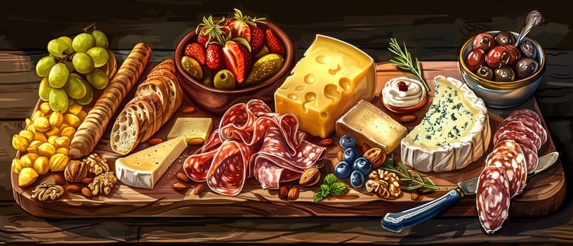 This deluxe spread presents a sumptuous selection of cheeses and meats, artfully arranged with fruits and bread. It's a visual and gastronomic delight, perfect for upscale entertaining