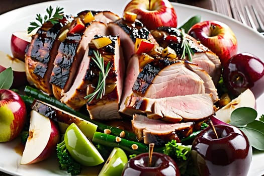 Close-up of roast pork with apples
