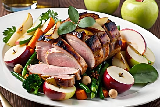 Close-up of roast pork with apples