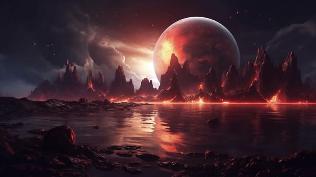 Fantasy planet with lake on foreground, mountains and night sky with stars and planets on background . AI Generative