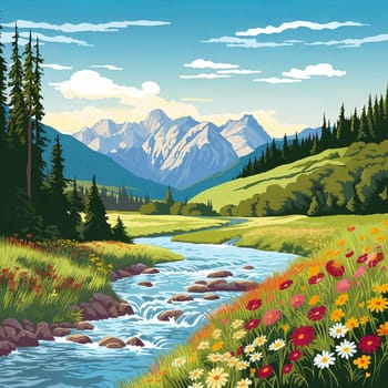 The crystal-clear water of the river, surrounded by flowers and mountains. Generative AI