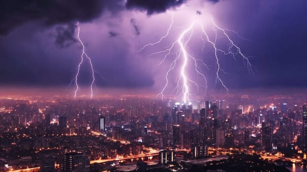 The city skyline is a silhouette against the cloudy dark sky with lightning. Panorama. AI Generative
