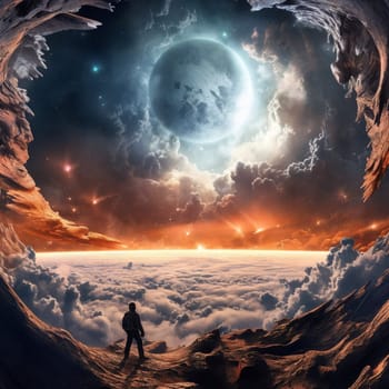 Fantasy planet with surface on foreground, mountains and night sky with stars and planets on background . AI Generative