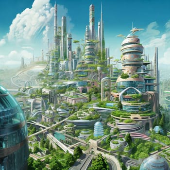 Futuristic cityscape of eco city, modern building surrounded plants. AI Generative