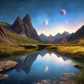 Fantasy planet with lake on foreground, mountains and night sky with stars and planets on background . AI Generative