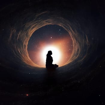 Meditating woman on the edge of black hole. AI Generative