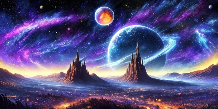 Fantasy planet with surface on foreground, mountains and night sky with stars and planets on background . AI Generative
