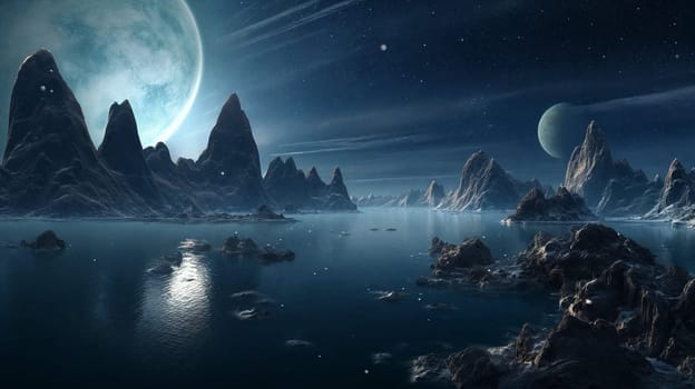 Fantasy planet with lake on foreground, mountains and night sky with stars and planets on background . AI Generative