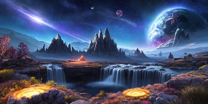 Fantasy planet with river and waterfalls on foreground, night sky with stars and planets on background . AI Generative