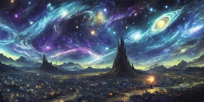 Fantasy planet, mountains and night sky with stars and planets on background . AI Generative