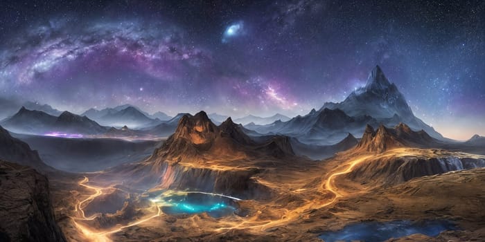 Fantasy planet, mountains and night sky with stars and nebulas on background . AI Generative