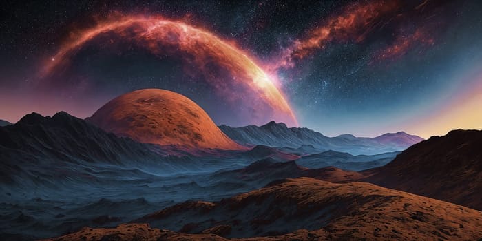 Fantasy planet with surface on foreground, mountains and night sky with stars and planets on background . AI Generative