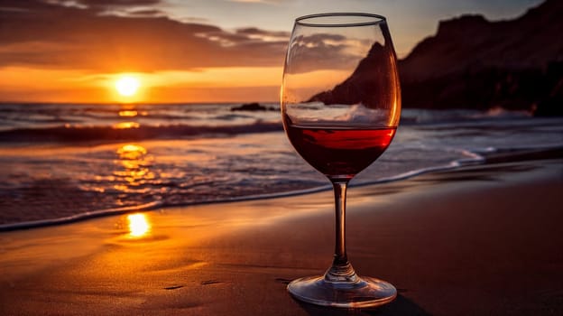 Glass of wine on the beach at sunset. Generative AI