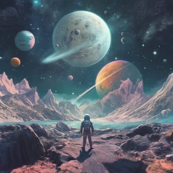 Astronaut exploring fantasy planet, night sky with stars and planets on background . AI Generative