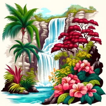 Illustration of waterfall. flowers and tropical plants on foreground. Generative AI