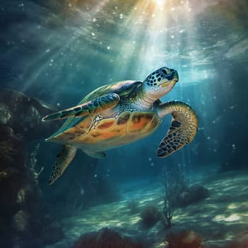 Turtle underwater close-up, sunlight through the water. Generative AI