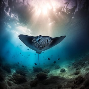 Fantasy ray underwater close-up, sunlight through the water. Generative AI